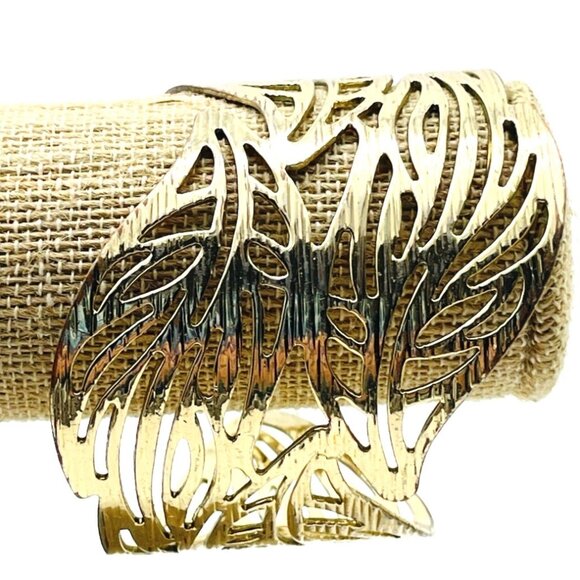 Gold Tone Cuff Bracelet Openwork Leaf Design Wide Statement Fashion Jewelry - Picture 1 of 6